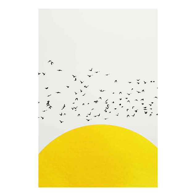 Tableau animaux Foule d'oiseaux devant un soleil jaune