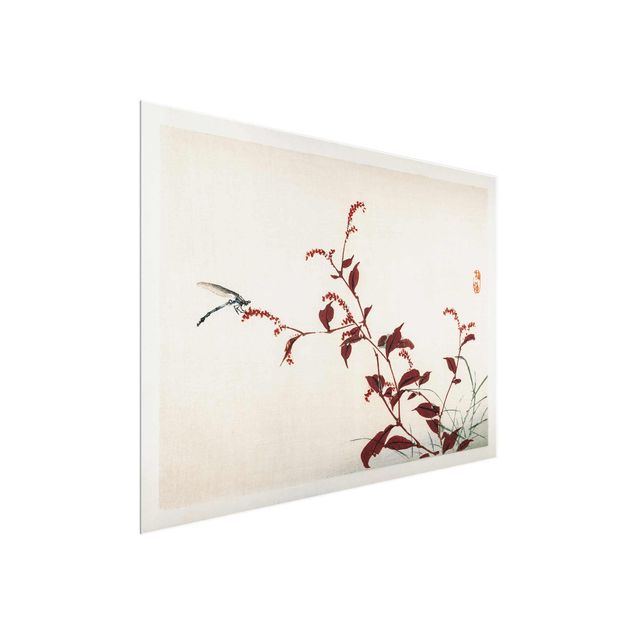 Tableau animaux Dessin vintage asiatique Branche rouge avec libellule