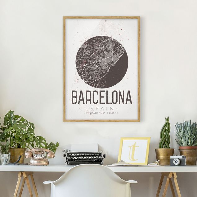 Affiches encadrées noir et blanc Plan de ville de Barcelone - Rétro