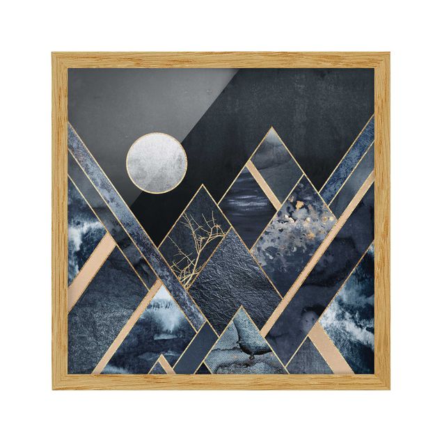 Tableau abstrait Lune dorée Montagnes noires abstraites