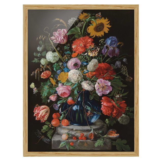 Tableaux moderne Jan Davidsz de Heem - Des tulipes, un tournesol, un iris et d'autres fleurs dans un vase en verre sur le socle en marbre d'une colonne