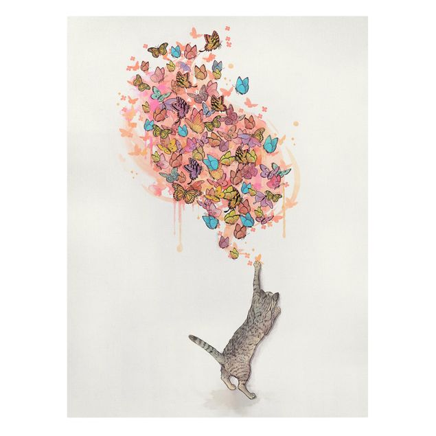Tableau toile chat Illustration Chat avec Papillons Colorés Peinture