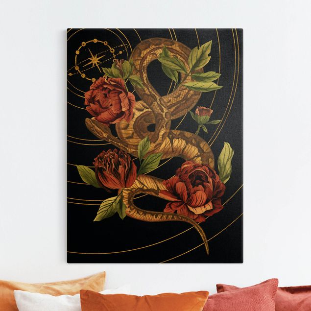 Toile fleur rose Serpent avec Roses Noir Et Or IV