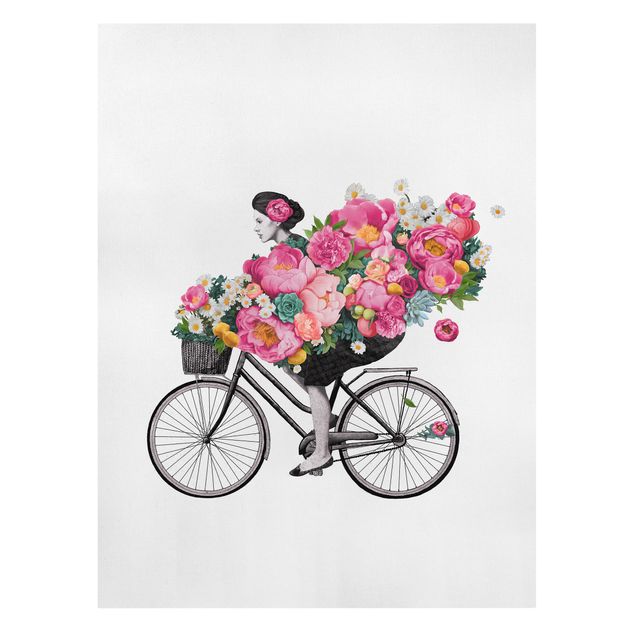 Tableau portrait Illustration Femme à Bicyclette Collage Fleurs Colorées