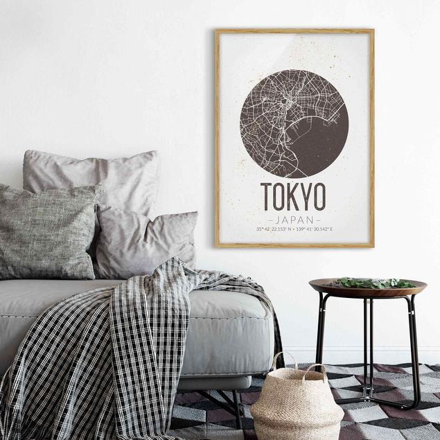 Tableaux encadrés noir et blanc Plan de ville de Tokyo - Rétro