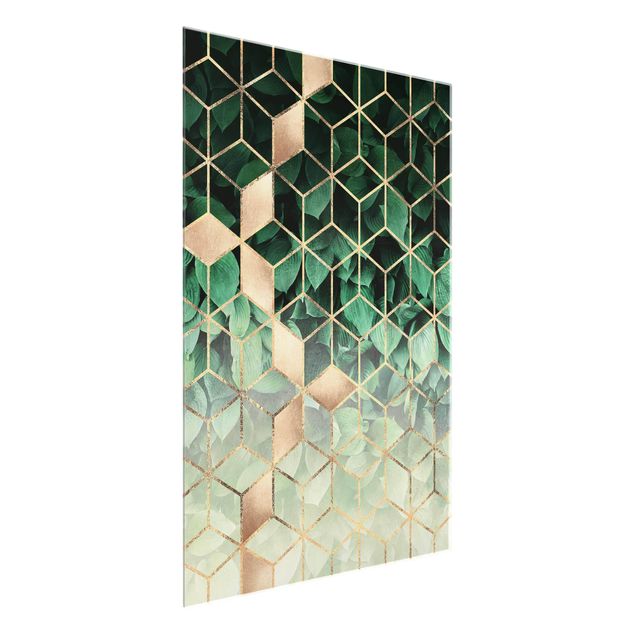 Tableaux en verre abstraits Feuilles vertes Géométrie dorée