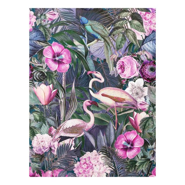 Tableaux moderne Collage coloré - Flamants roses dans la jungle