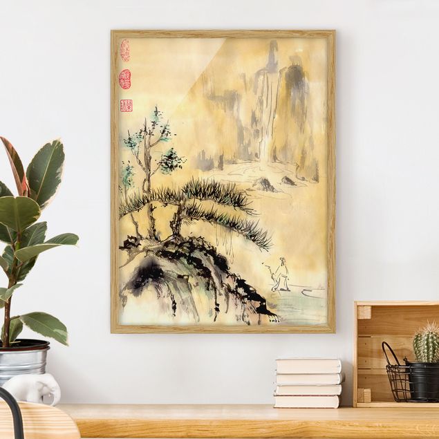 Déco mur cuisine Dessin aquarelle japonais Cèdres et montagnes