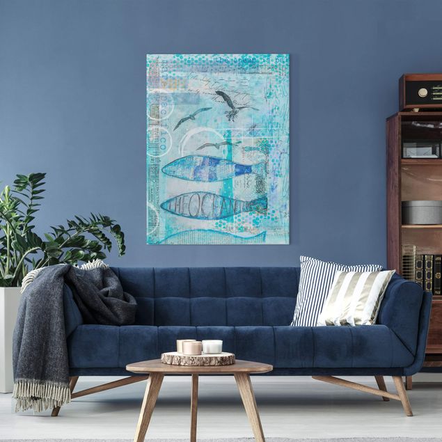 Tableaux oiseaux sur toile Collage coloré - Poisson bleu