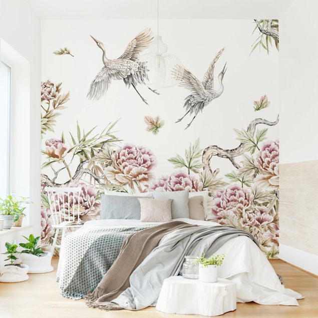 Papiers peints oiseaux Aquarelle - Cigognes en vol avec roses