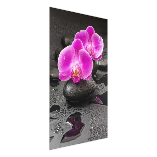 Tableaux en verre fleurs Fleur Orchidée Rose sur Pierres avec Gouttes
