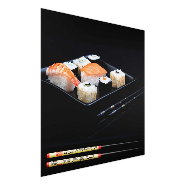 Tableau noir Assiette de Sushi avec baguettes noires