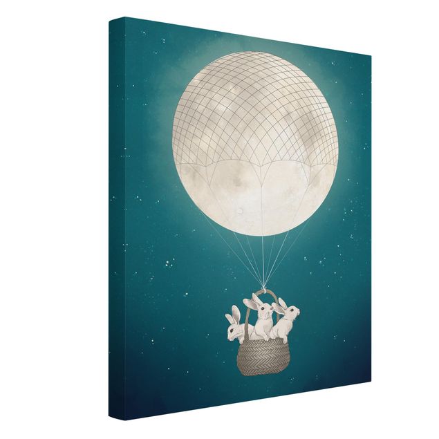 Tableau animaux Illustration Lapins Lune comme Montgolfière Ciel étoilé