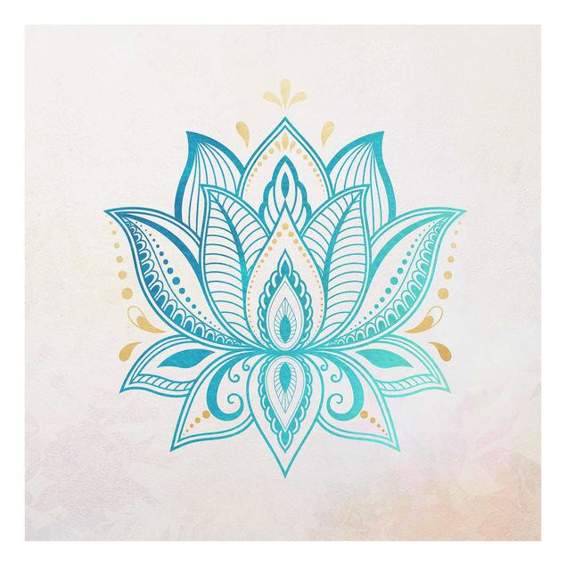 Tableau ton bleu Illustration Lotus Mandala Or Bleu