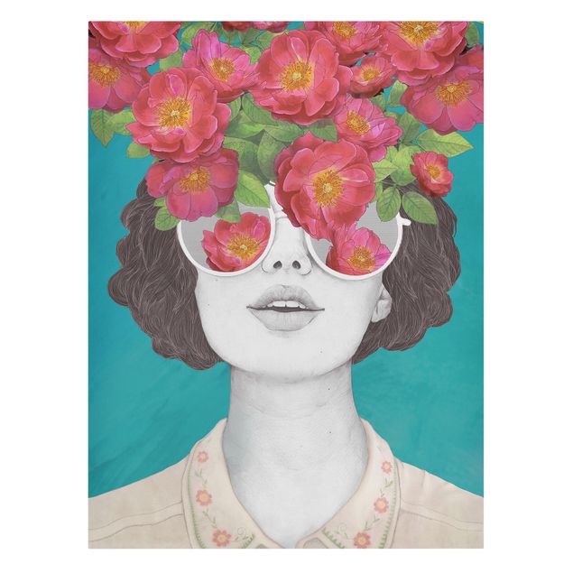 Tableaux portraits Illustration Portrait Femme Collage avec Fleurs Lunettes