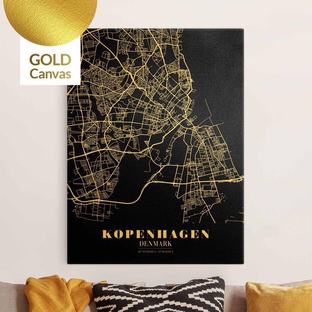 Tableaux sur toile en noir et blanc Plan de ville de Copenhague - Noir classique