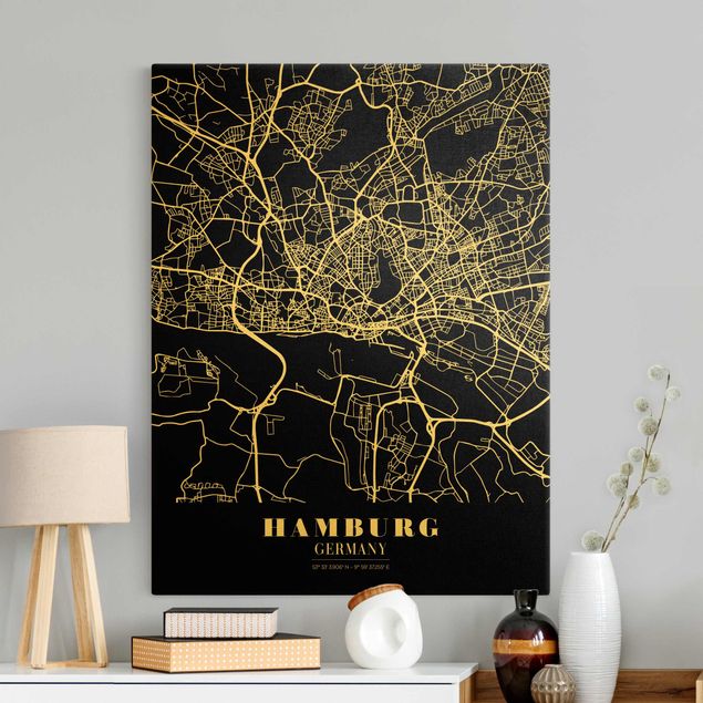 Tableau carte du monde Plan de ville de Hambourg - Noir classique