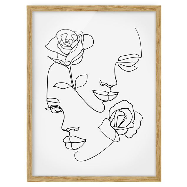 Tableaux encadrés noir et blanc Line Art Visages Femmes Roses Noir et Blanc