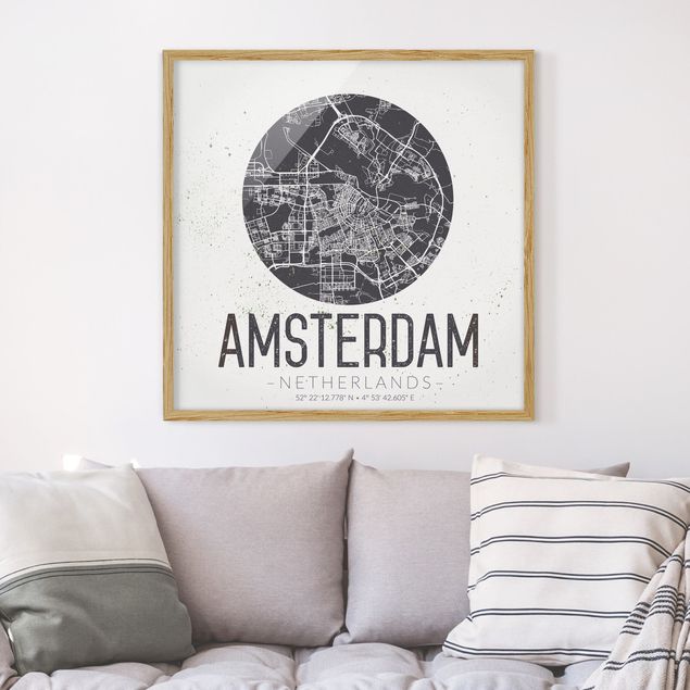Affiches encadrées noir et blanc Plan de ville d'Amsterdam - Rétro