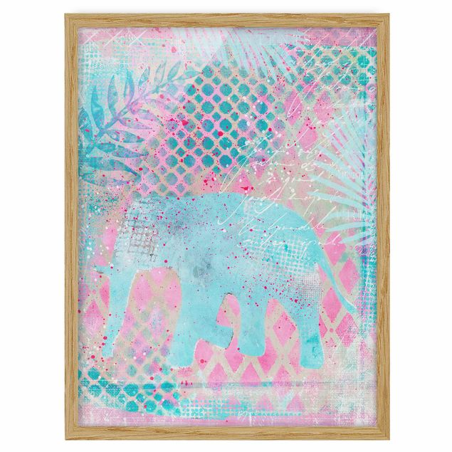 Tableaux encadrés fleurs Collage coloré - Eléphant en bleu et rose