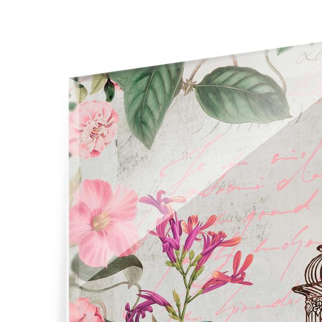 Tableaux de Andrea Haase Collage Shabby Chic - Fleurs roses et oiseaux bleus