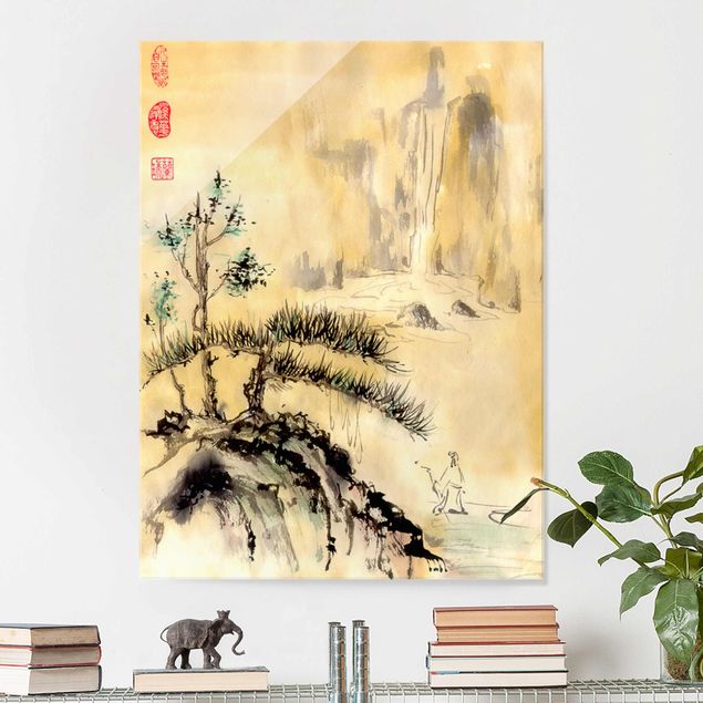 Déco murale cuisine Dessin aquarelle japonais Cèdres et montagnes