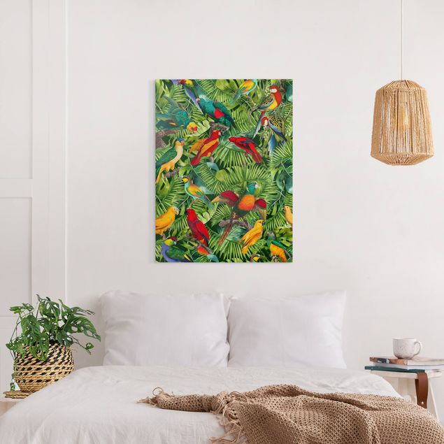 Tableaux oiseaux sur toile Collage coloré - Perroquets dans la jungle