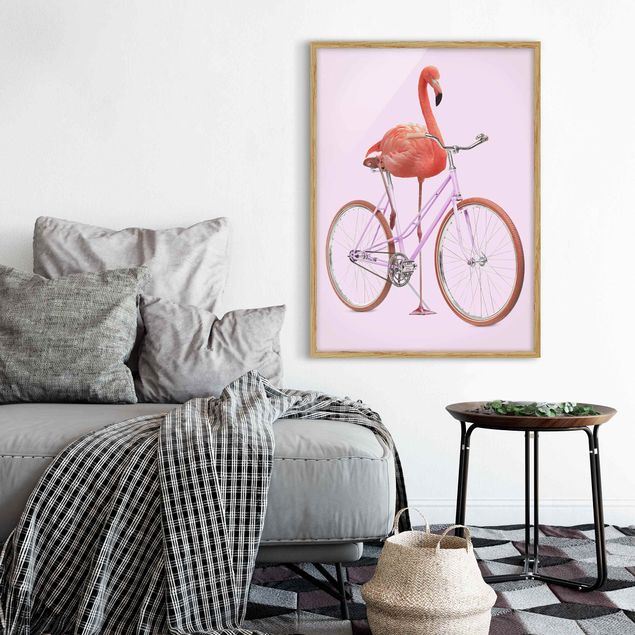 Affiches encadrées animaux Flamant avec bicyclette