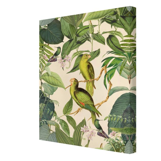 Tableau animaux Collage Vintage - Perroquets dans la jungle