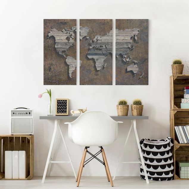 Tableau style industriel Carte du monde avec grille en bois