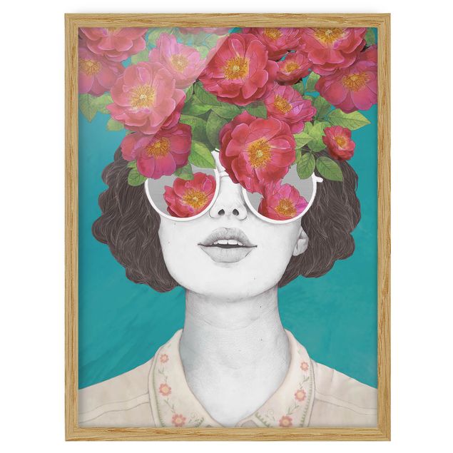 Tableaux reproduction Illustration Portrait Femme Collage avec Fleurs Lunettes