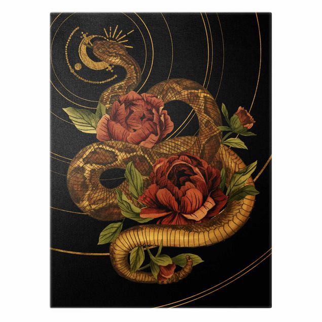 Tableaux toile Serpent avec Roses Noir Et Or I
