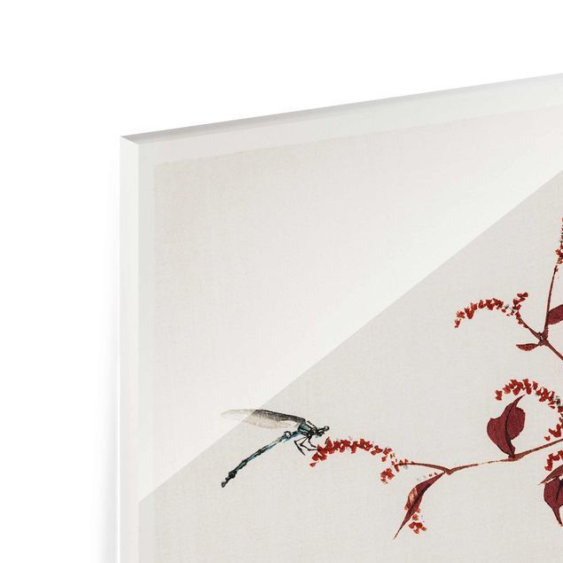 Tableaux en verre magnétique Dessin vintage asiatique Branche rouge avec libellule