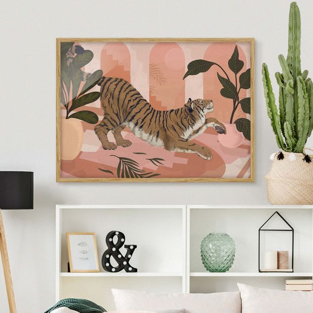 Déco mur cuisine Illustration Tigre dans une peinture rose pastel