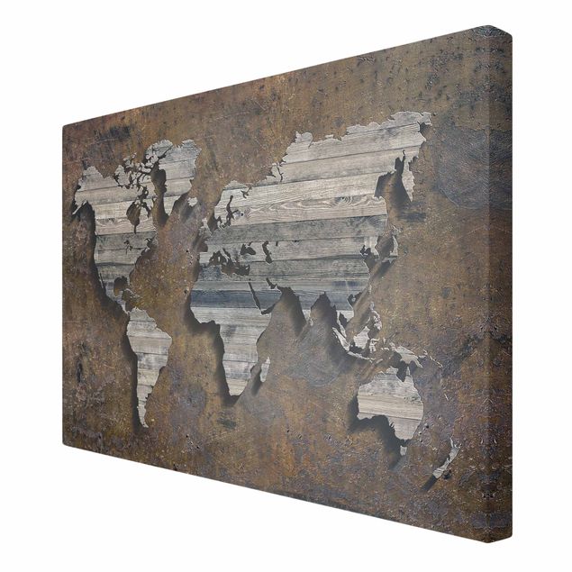 Tableaux Carte du monde avec grille en bois