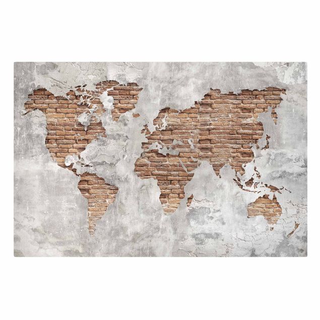 Tableaux carte du monde Carte du Monde en Brique de Béton Shabby