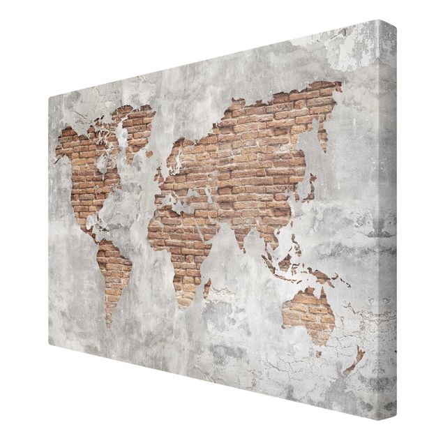Tableau décoration Carte du Monde en Brique de Béton Shabby