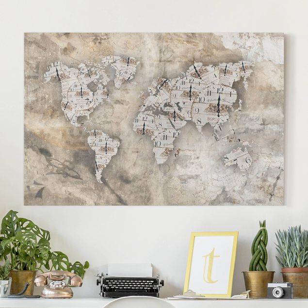 Tableaux sur toile effet pierre Horloges shabby - Carte du Monde