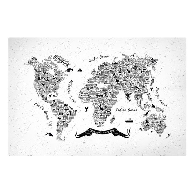 Tableaux noir et blanc Typographie Carte du Monde Blanche