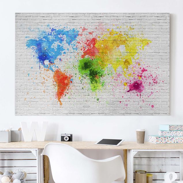 Tableaux sur toile effet pierre Mur de briques blanches Carte du monde