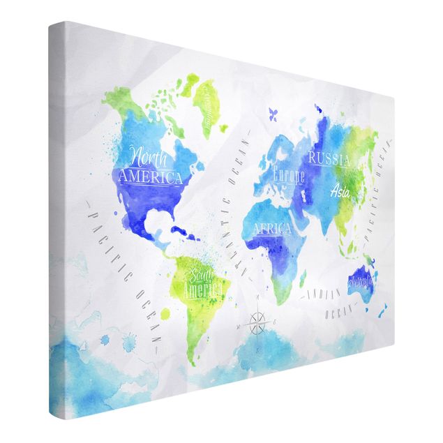 Tableau de ville Carte du Monde Aquarelle Bleu Vert