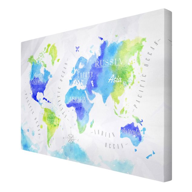 Tableau couleur vert Carte du Monde Aquarelle Bleu Vert