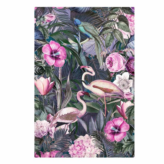 Tableau moderne Collage coloré - Flamants roses dans la jungle