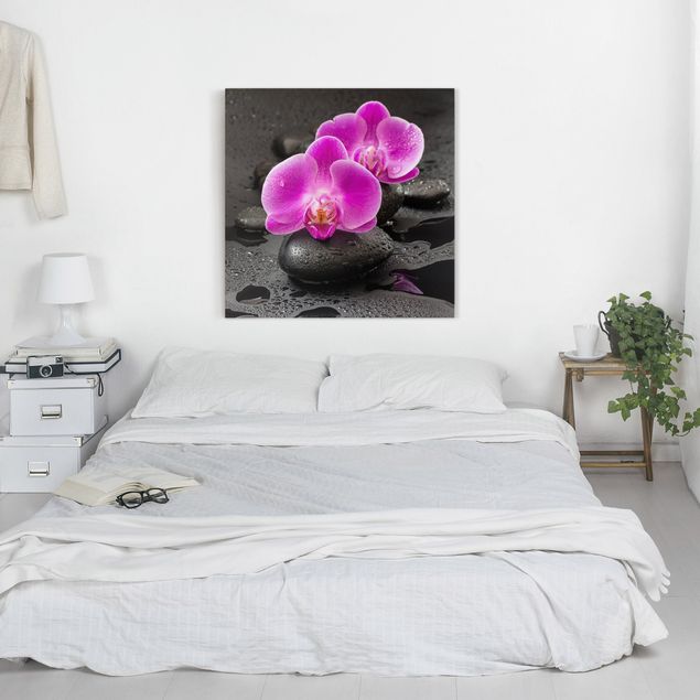 Tableau toile orchidée Fleur Orchidée Rose sur Pierres avec Gouttes