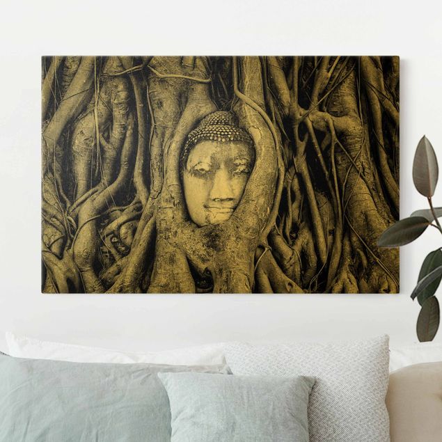 Tableaux sur toile en noir et blanc Bouddha d'Ayuttaya encadré par des racines d'arbre en noir et blanc