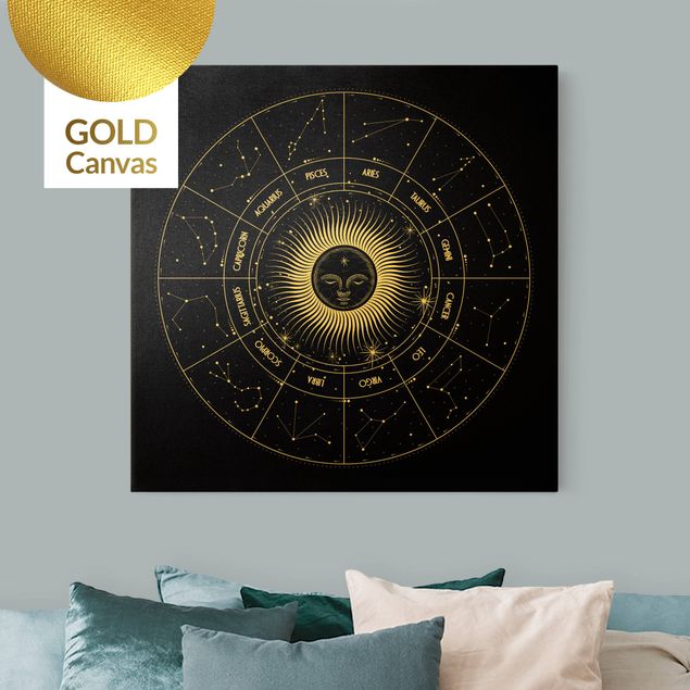 Tableau moderne Astrologie Signe du Zodiaque dans un cercle de soleil Noir