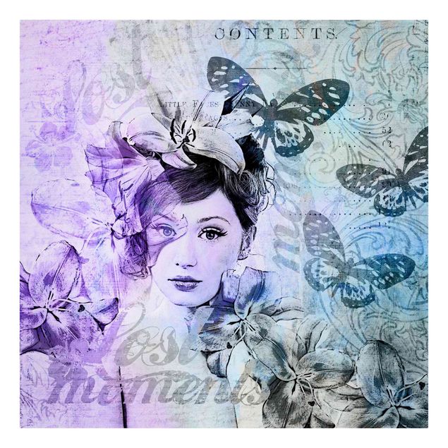 Tableau vintage Collage Shabby Chic - Portrait avec papillons