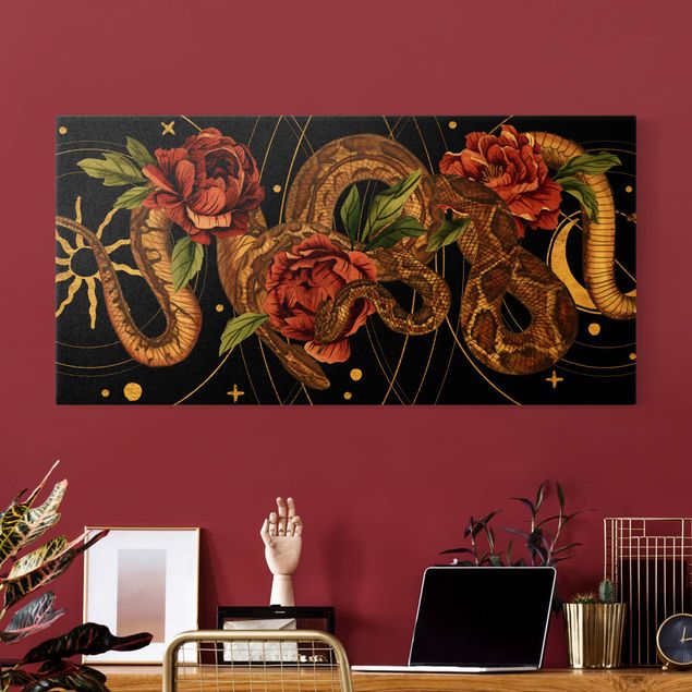Tableaux moderne Serpent avec Roses Noir Et Or I