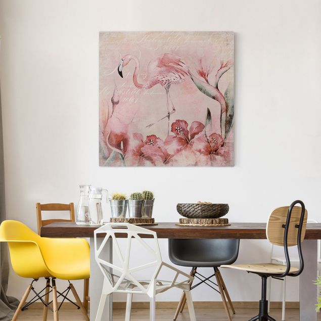 Tableaux oiseaux sur toile Collage Shabby Chic - Flamingo