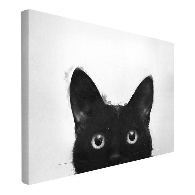 Toile de chat Illustration Chat Noir sur Peinture Blanche